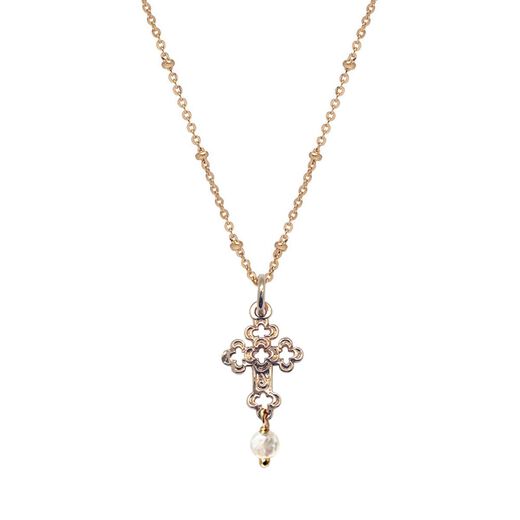 Gold chain necklace, cross pendant with pearl 